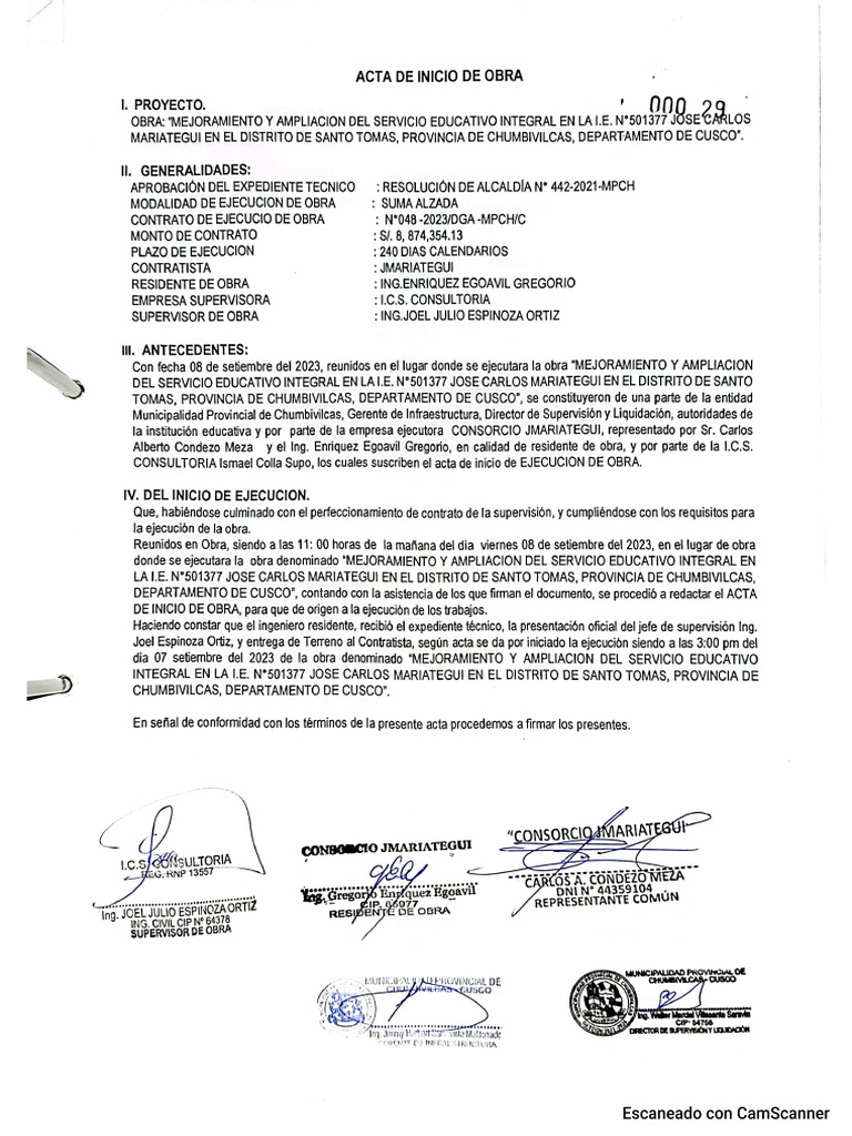 Acta de Inicio de Obra | PDF