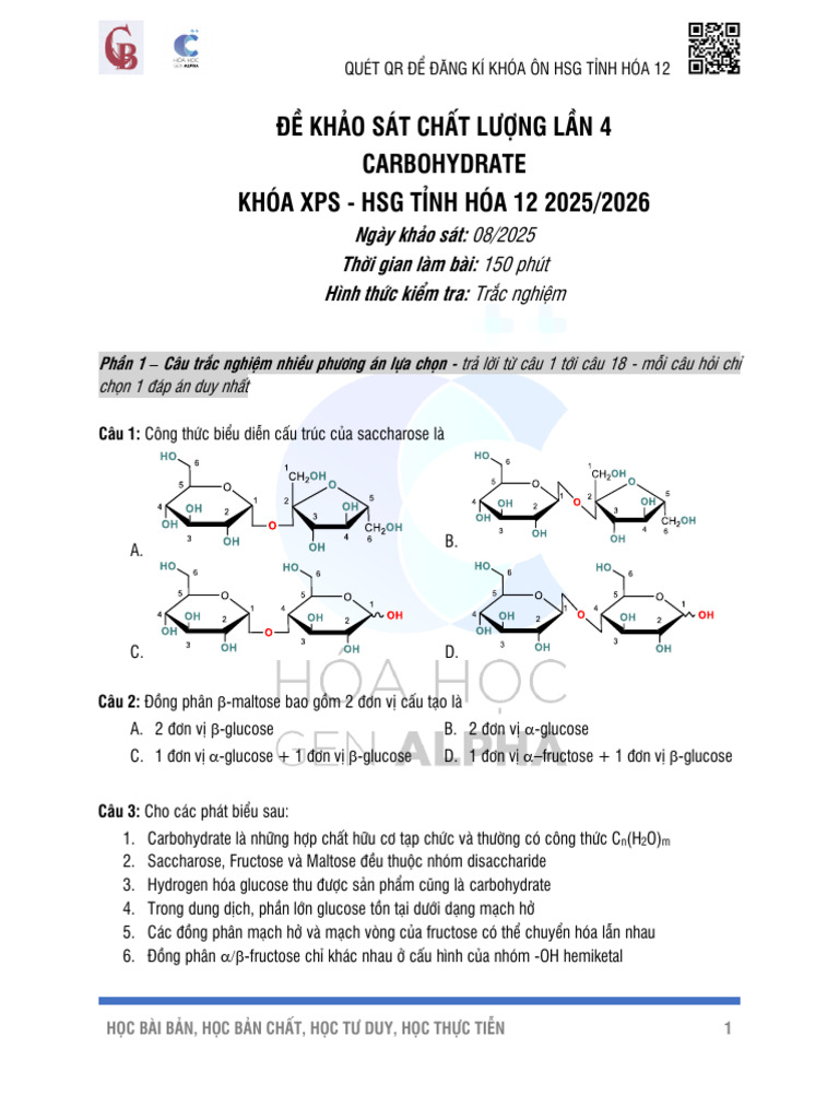 Đề KSCL Lần 4 - Carbohydrate - Trắc Nghiệm- XPS HSG12 2025-2026 | PDF