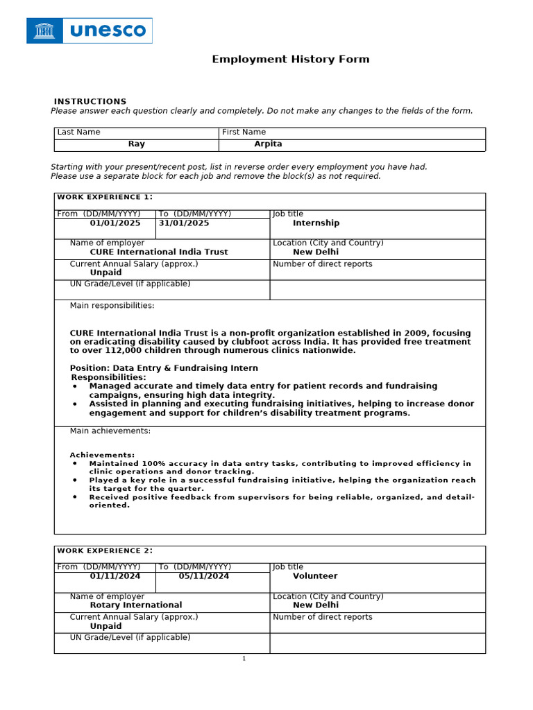 Employment History and Volunteer Experience | PDF | Fundraising | Business