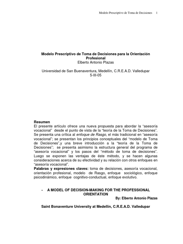Modelo de Toma de Decisiones Vocacional | PDF | Toma de decisiones ...