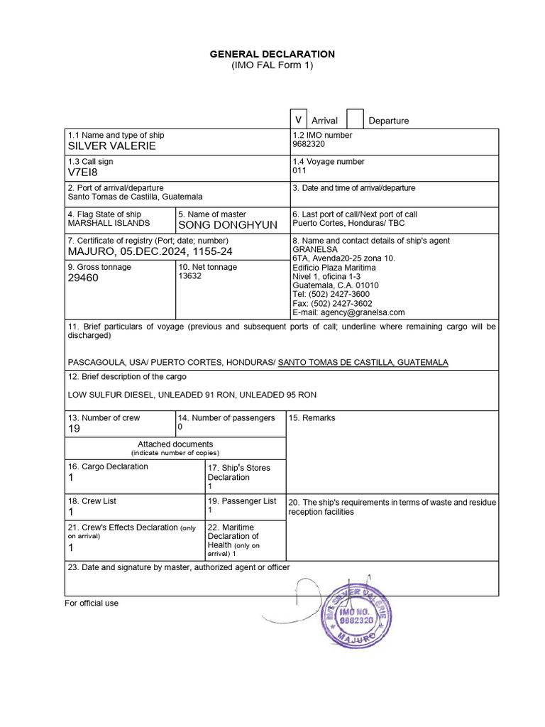 Ship Arrival Declaration for Silver Valerie | PDF | Tonnage | Heavy ...