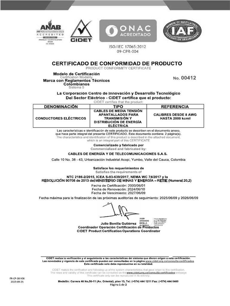 8 Certificado 00412 Cables Xlpe 15 y 35 KV | PDF