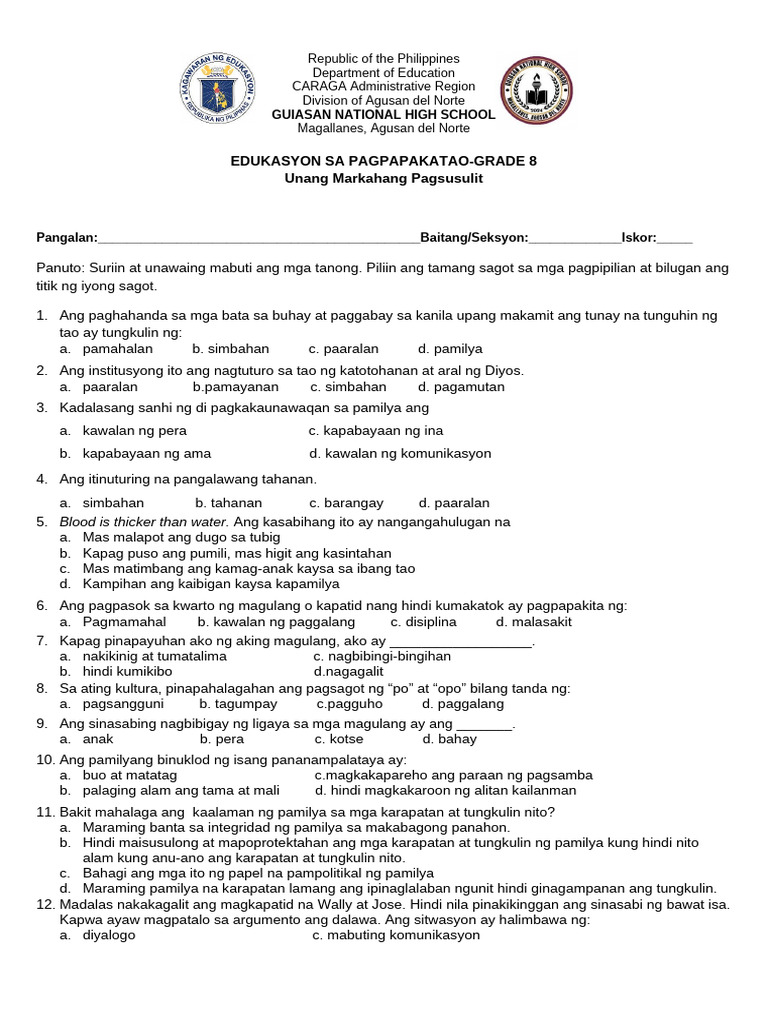 ESP Grade 8 Periodical Exam | PDF