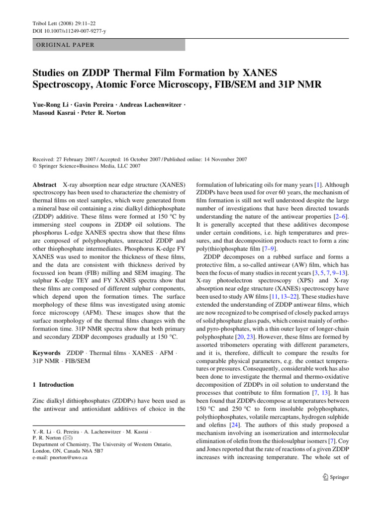 ZDDP Thermal Film Formation Analysis | PDF | Atomic Force Microscopy ...