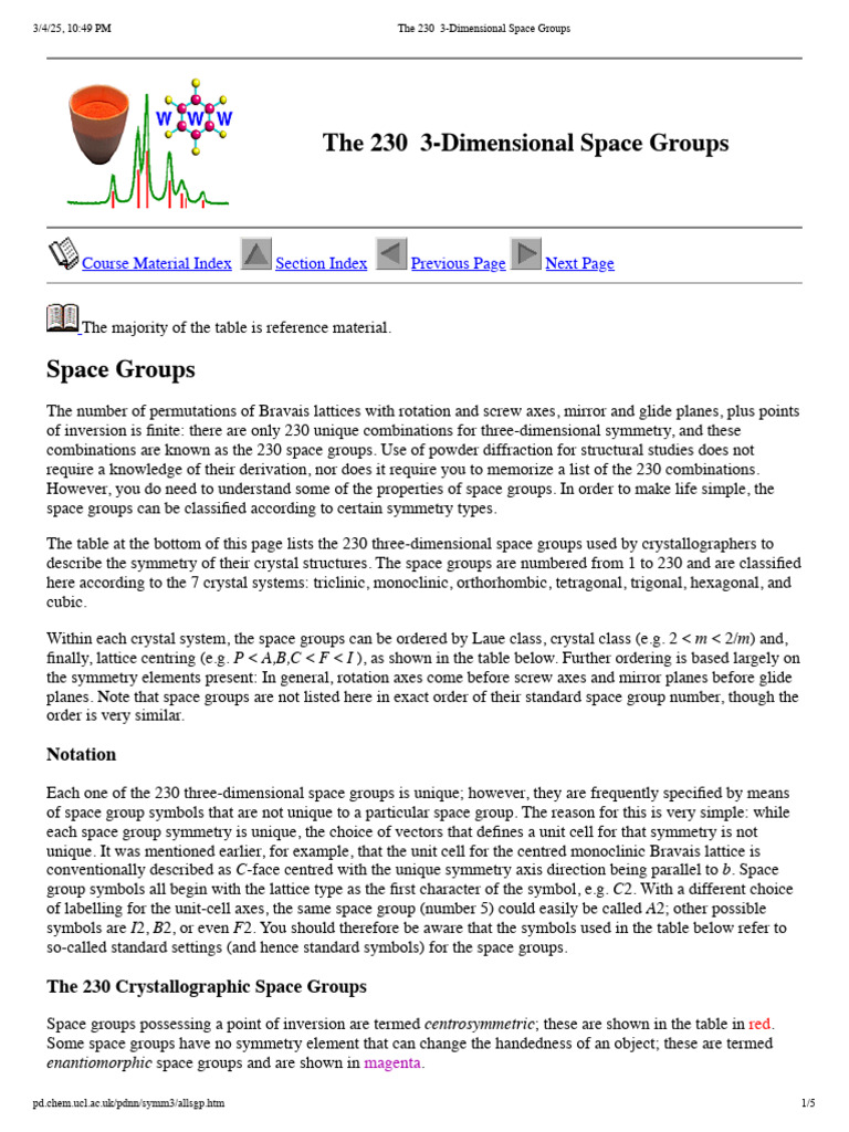 Overview of 230 Space Groups | PDF | Analytical Chemistry | Mineralogy