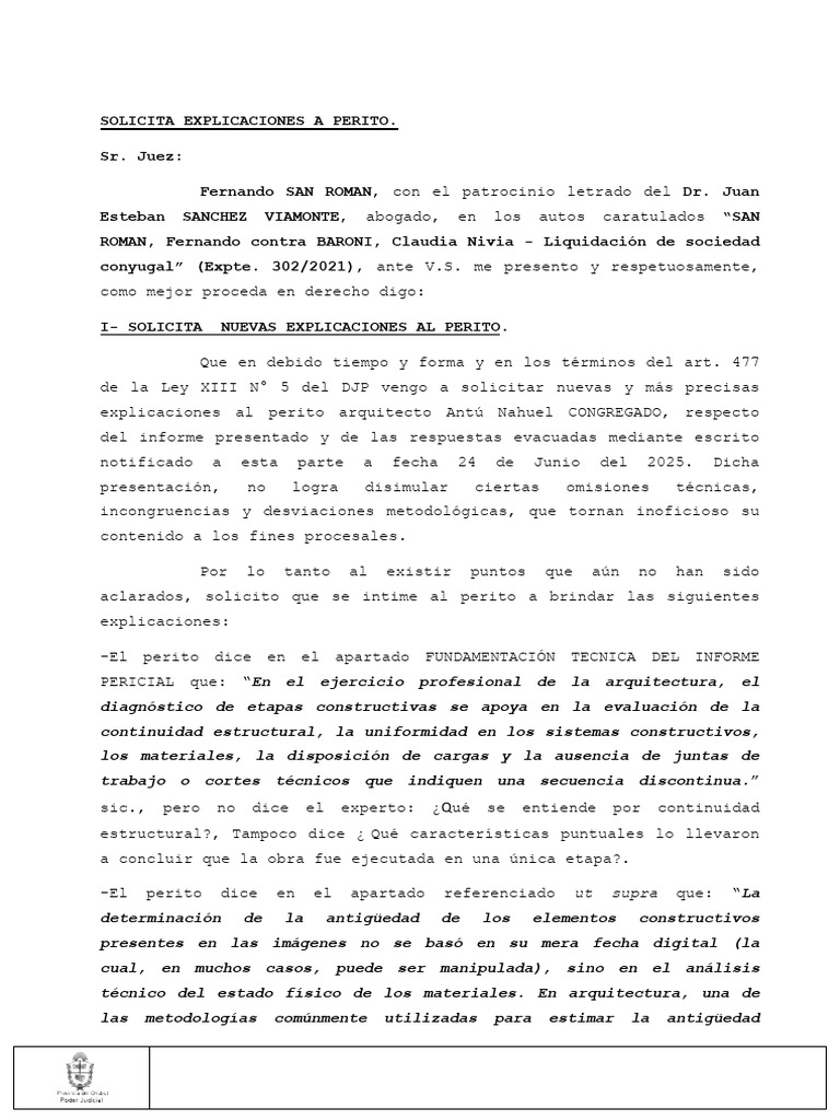 1970188-San Roman I - Solicita Nuevas Explicaciones A | PDF | Experto