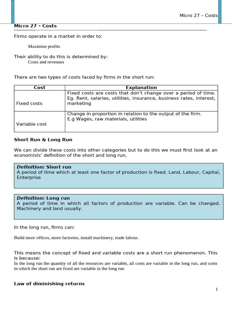 Understanding Short and Long Run Costs | PDF | Marginal Cost | Labour ...