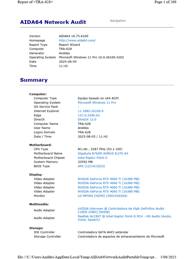 AIDA64 Network Audit Report for TRA-628 | PDF | Cpu Cache | Bios