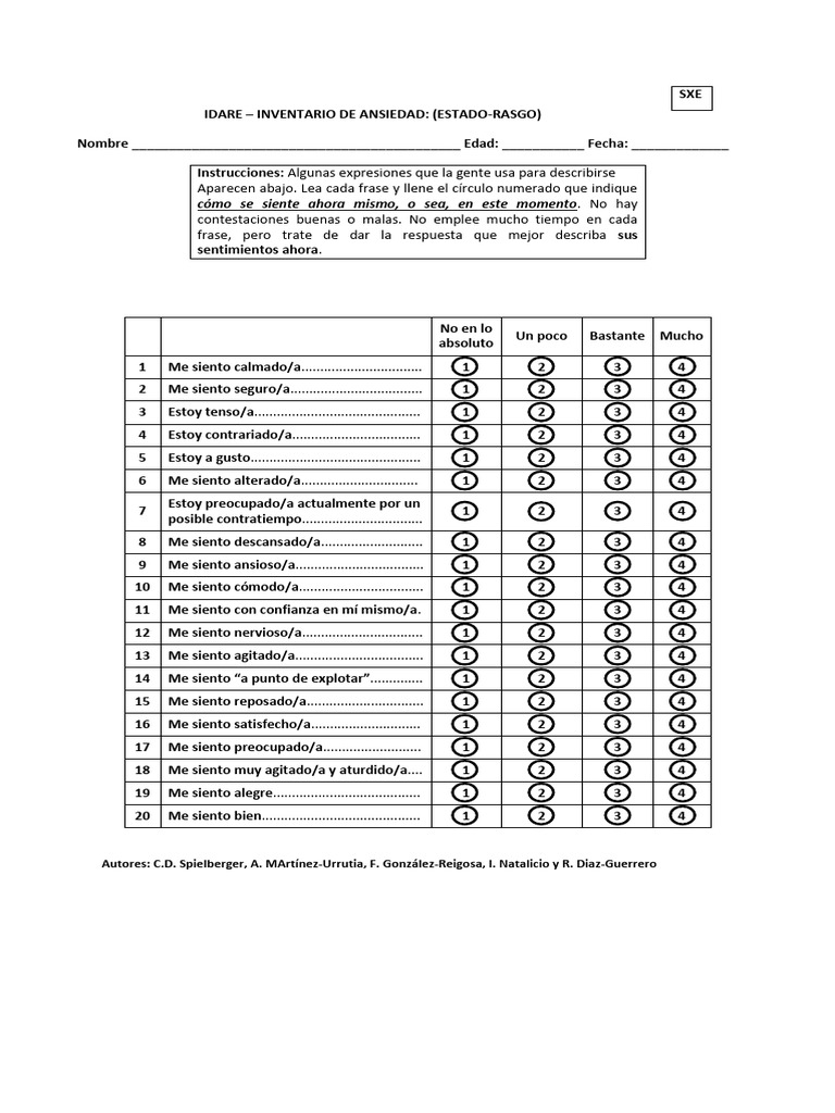 Inventario de Ansiedad IDARE: Evaluación | PDF