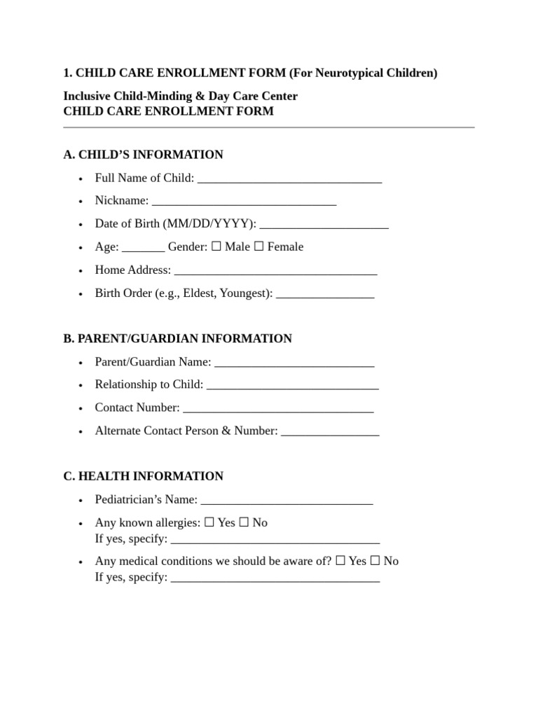 Child Care Enrollment Form | PDF