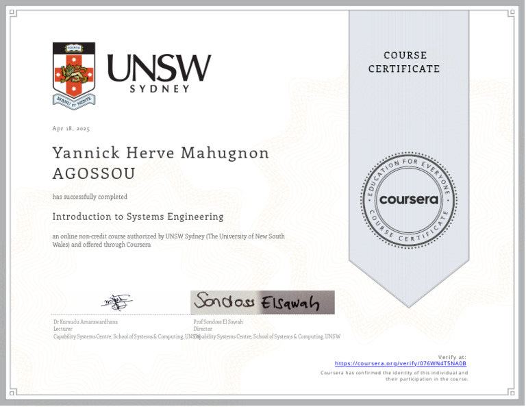 Completion of UNSW Systems Engineering Course | PDF