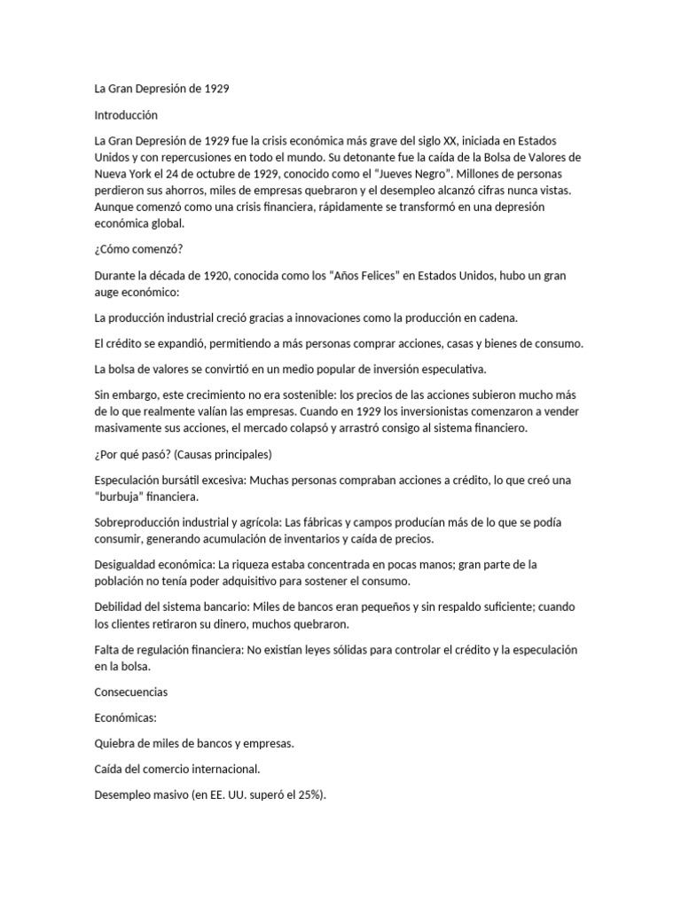 Causas y Consecuencias de la Gran Depresión | PDF | Gran depresion ...