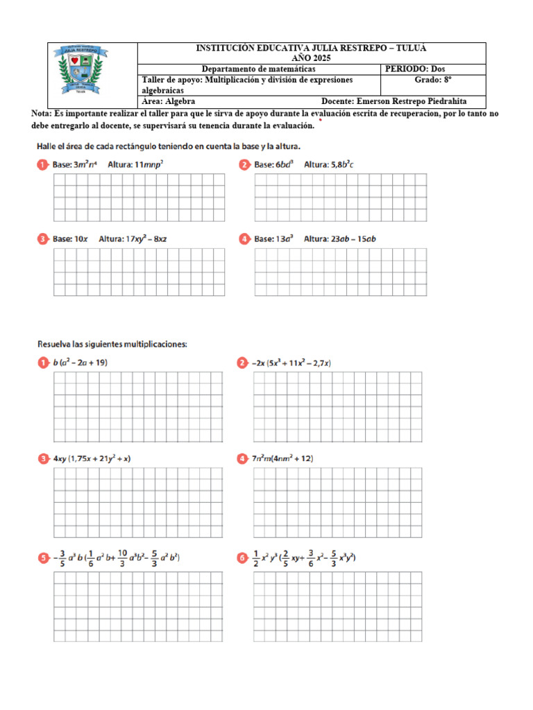 TALLER de APOYO Multiplicación y División de Expresiones Algebraicas | PDF