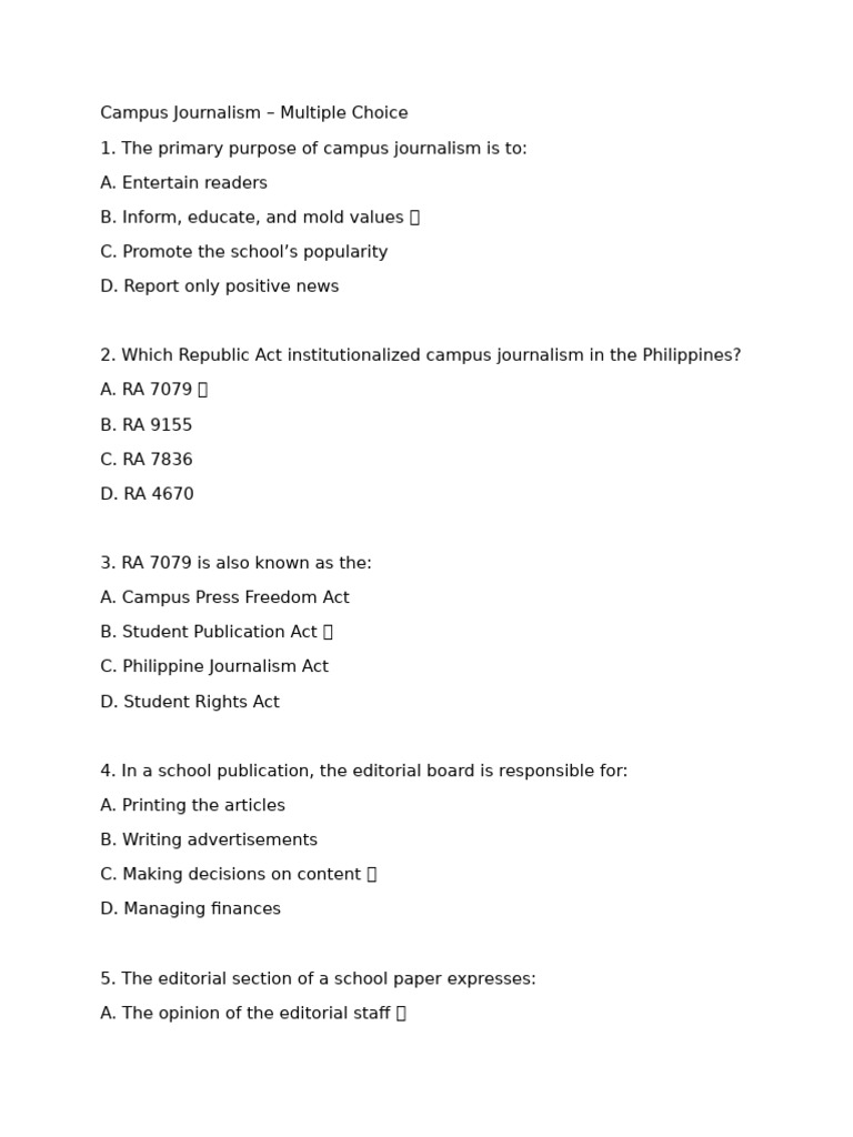 Campus Journalism Quiz: Key Concepts | PDF | Journalism | News