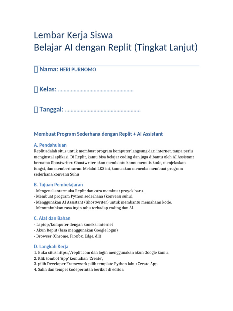 Belajar AI dan Coding di Replit | PDF