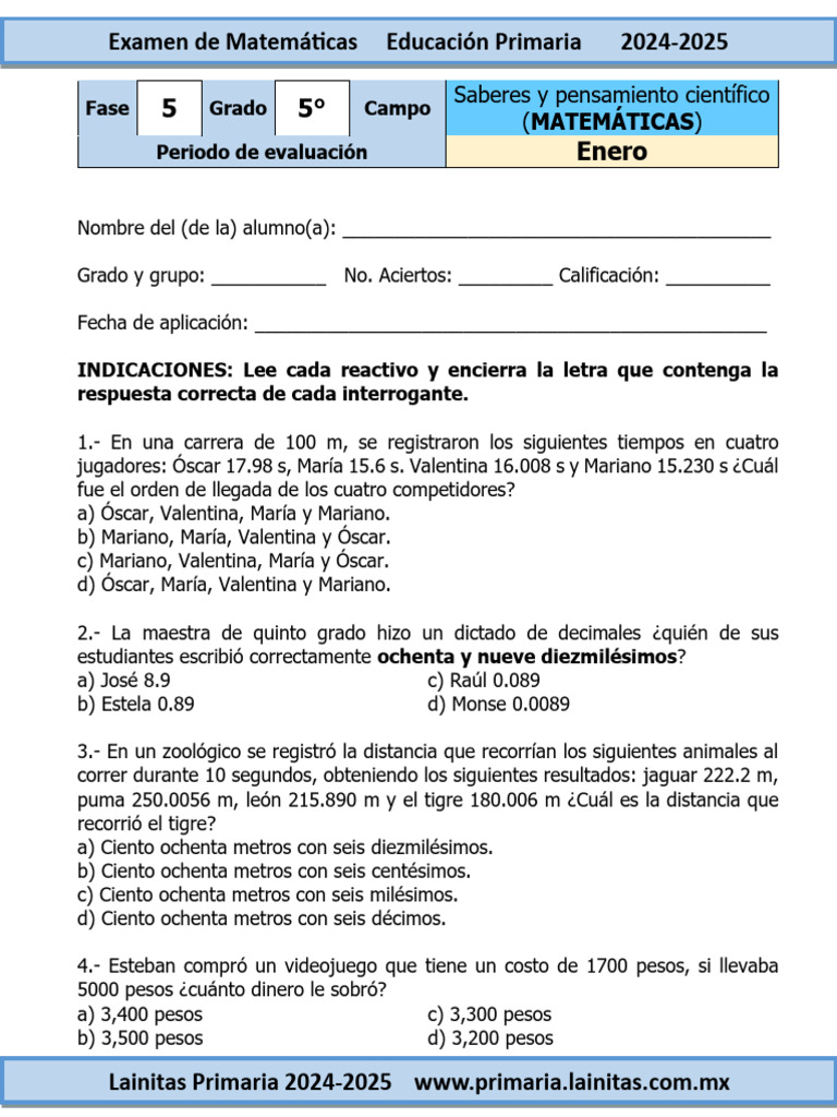 Examen de Matemáticas 5° Primaria 2024-2025 | PDF | Multiplicación ...