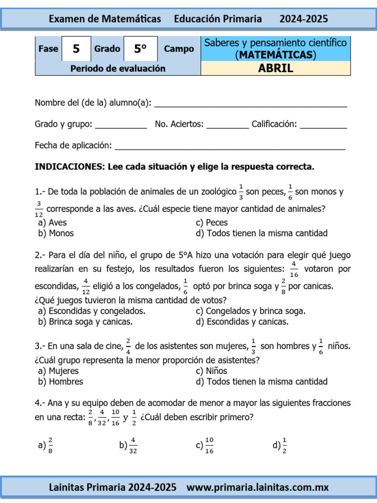 Examen de Matemáticas 5° Grado 2024-2025 | PDF | Matemática Elemental ...