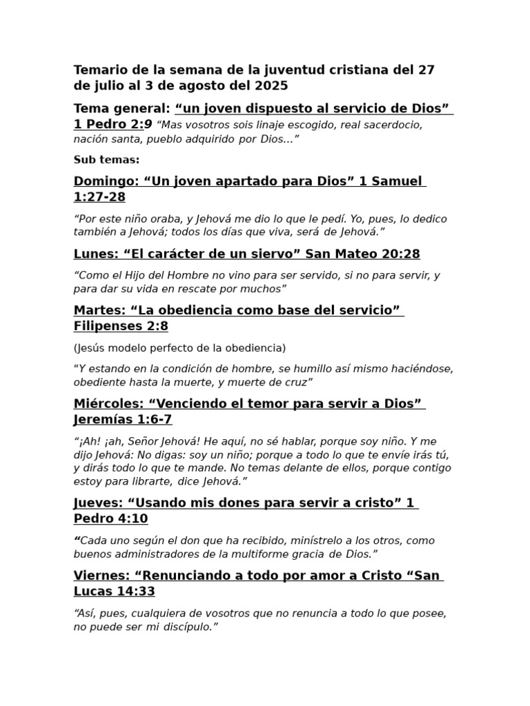 Temario de La Semana de La Juventud Cristiana Del 27 de Julio Al 4 de ...