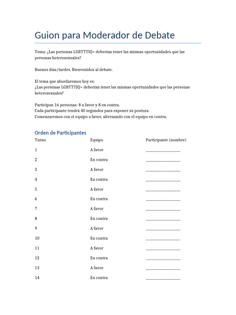 Guion Moderador Debate LGBTTTIQ | PDF