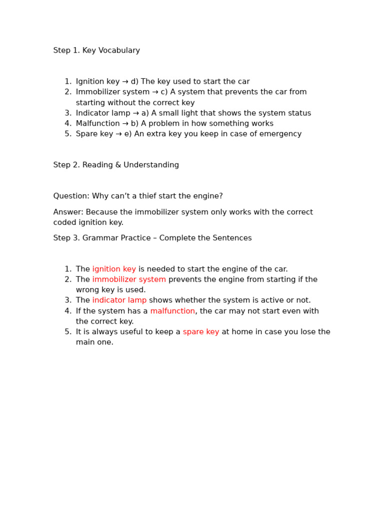 Car Key Vocabulary and Functions Guide | PDF