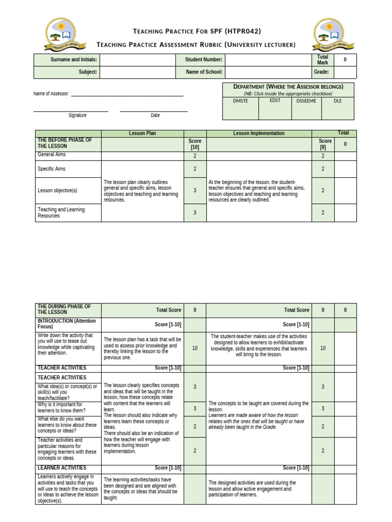 Teaching Practice Assessment Rubric | PDF | Learning | Teachers