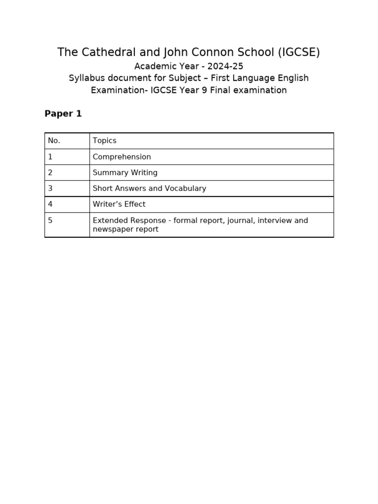 IGCSE First Language English Syllabus 2024 | PDF