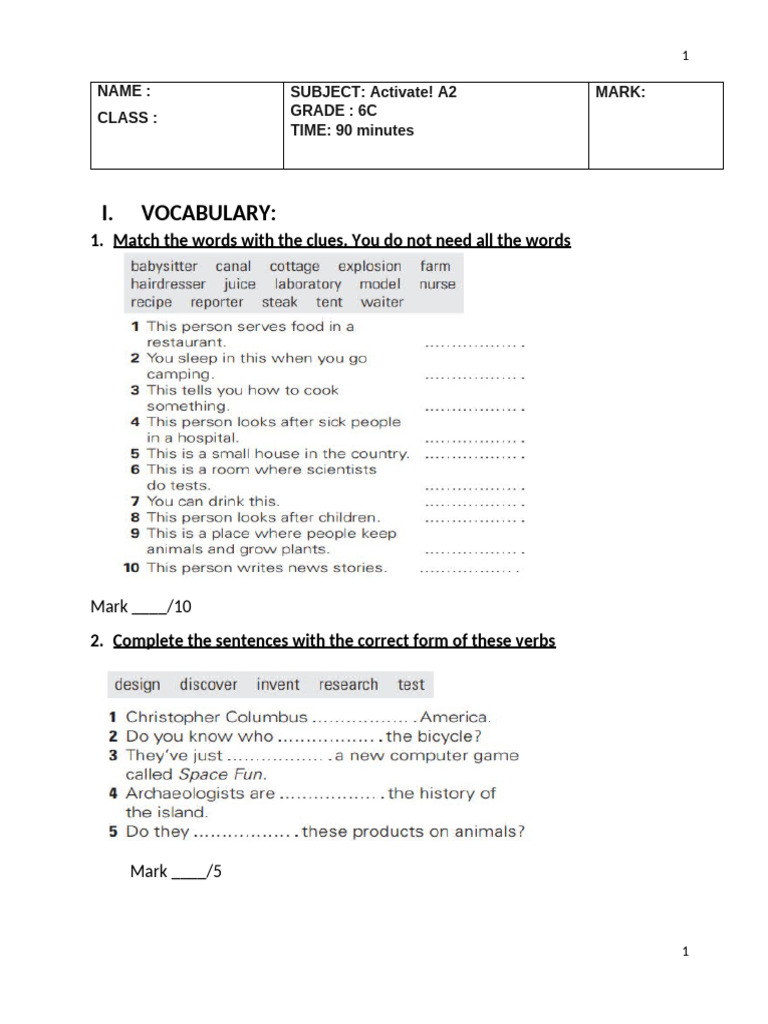A2 Test 2: Vocabulary and Grammar | PDF | Sentence (Linguistics ...