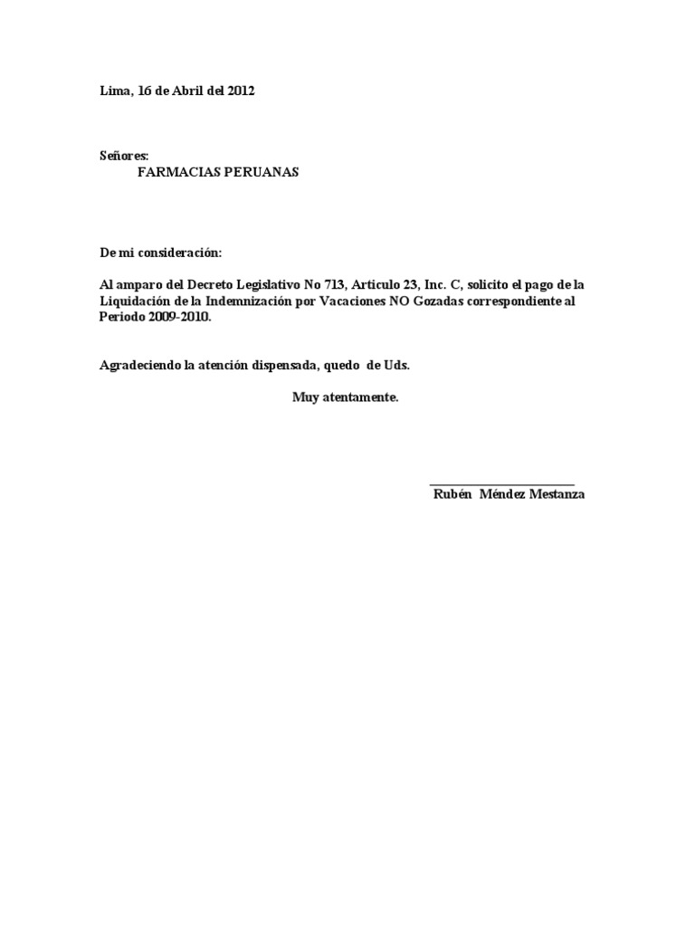 Solicitud De Indemnizacion De Vacaciones Pdf