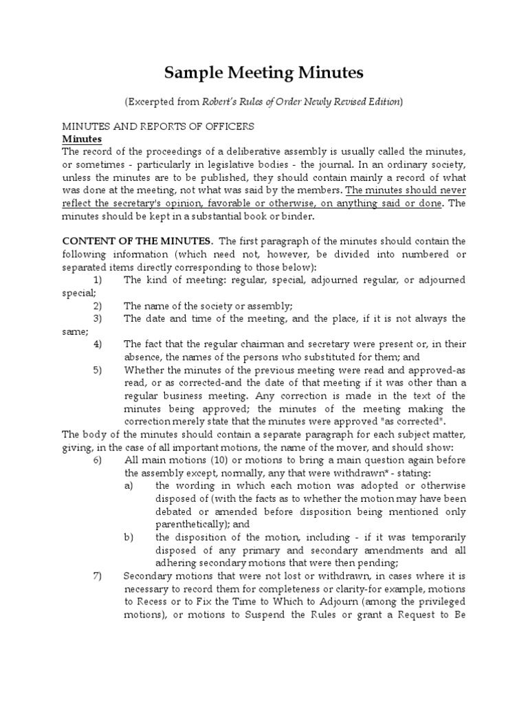 Sample Meeting Minutes Parliamentary Procedure Meetings