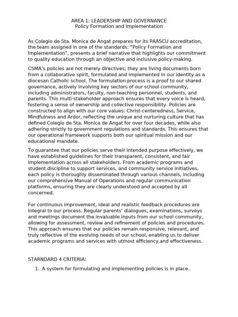 Policy Formation at CSMA for PAASCU | PDF | Governance | Policy