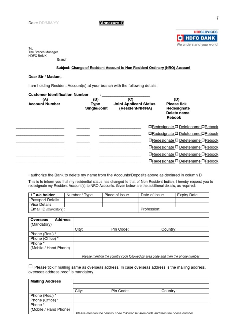 Request to Redesignate Resident Bank Accounts to NonResident Ordinary
