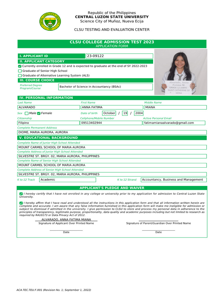 Alvarado AnnaFatima Miana CLSU CAT Application Form | PDF