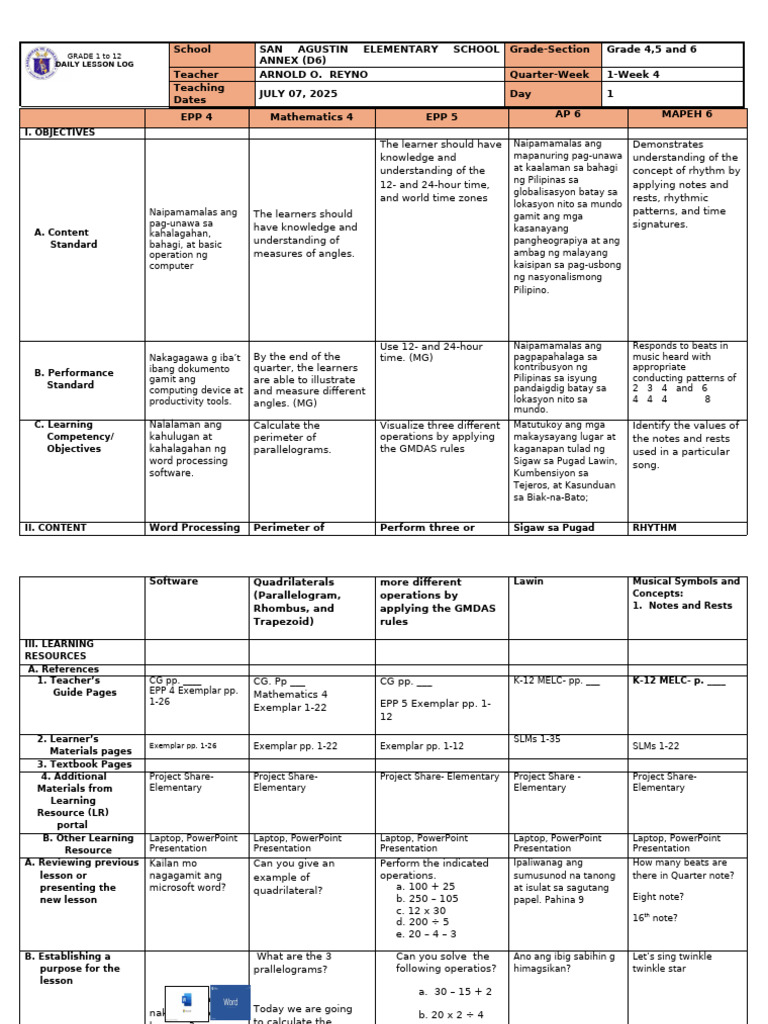 Grade 4-6 Daily Lesson Log Week 4 | PDF | Teachers