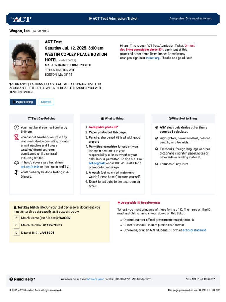ACT Test Admission Ticket Details | PDF | Act (Test)
