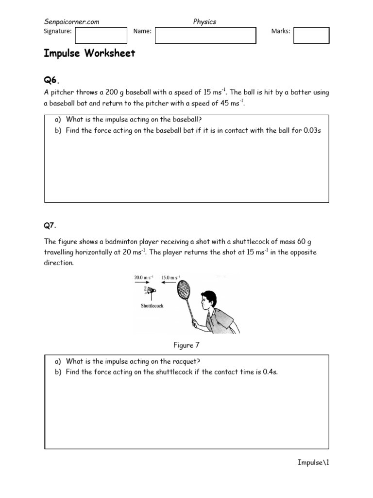 Impulse and Force Physics Worksheet | PDF