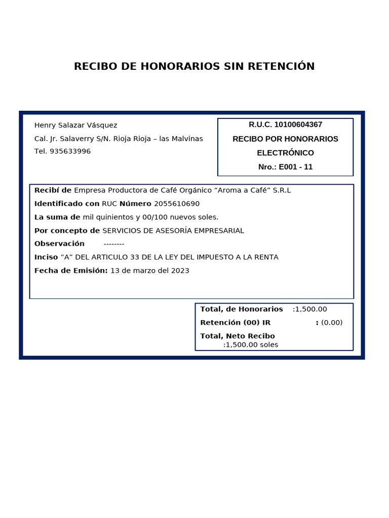 Recibos de Honorarios Sin y Con Retención | PDF
