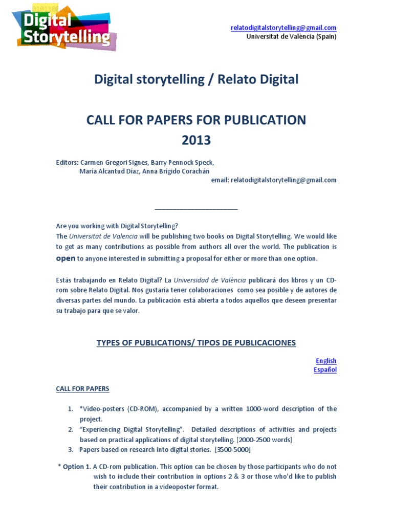 Call for Papers: Digital Storytelling | PDF | Bracket | Quotation Mark