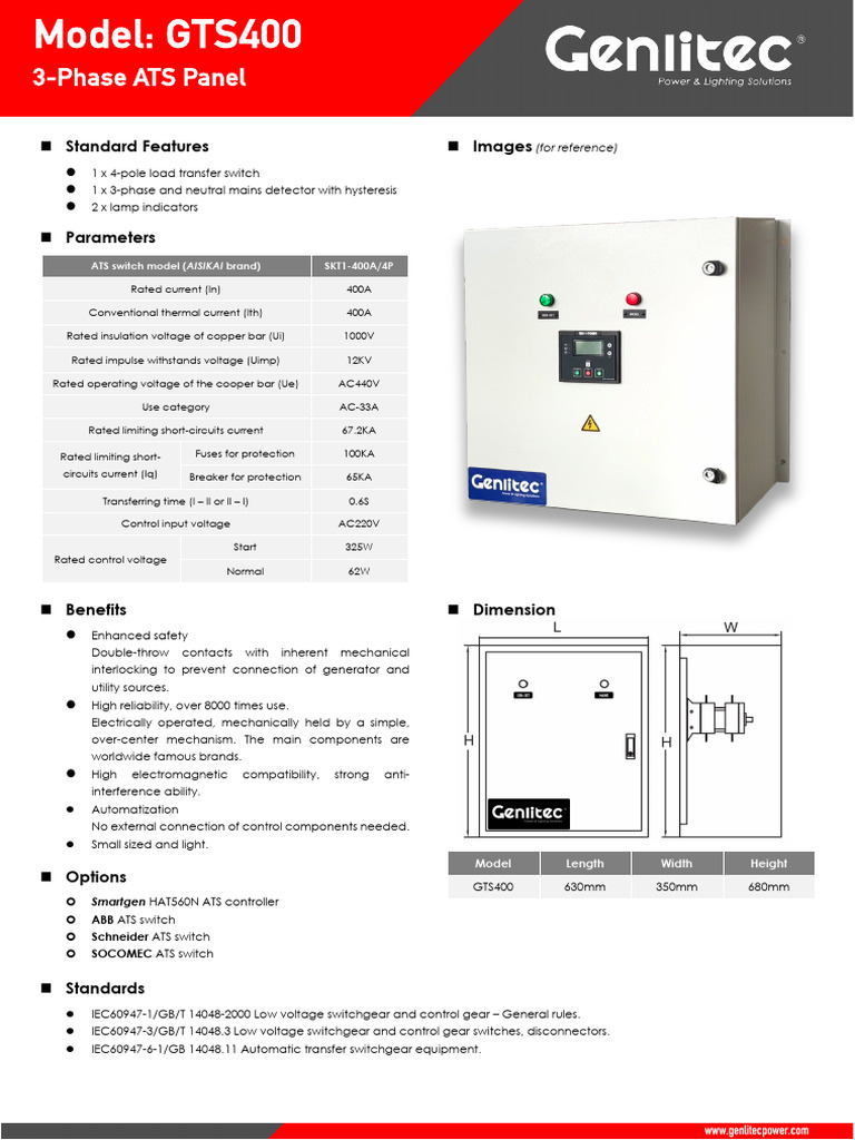 GTS400 3-Phase ATS Panel Overview | PDF | Switch | Mains Electricity