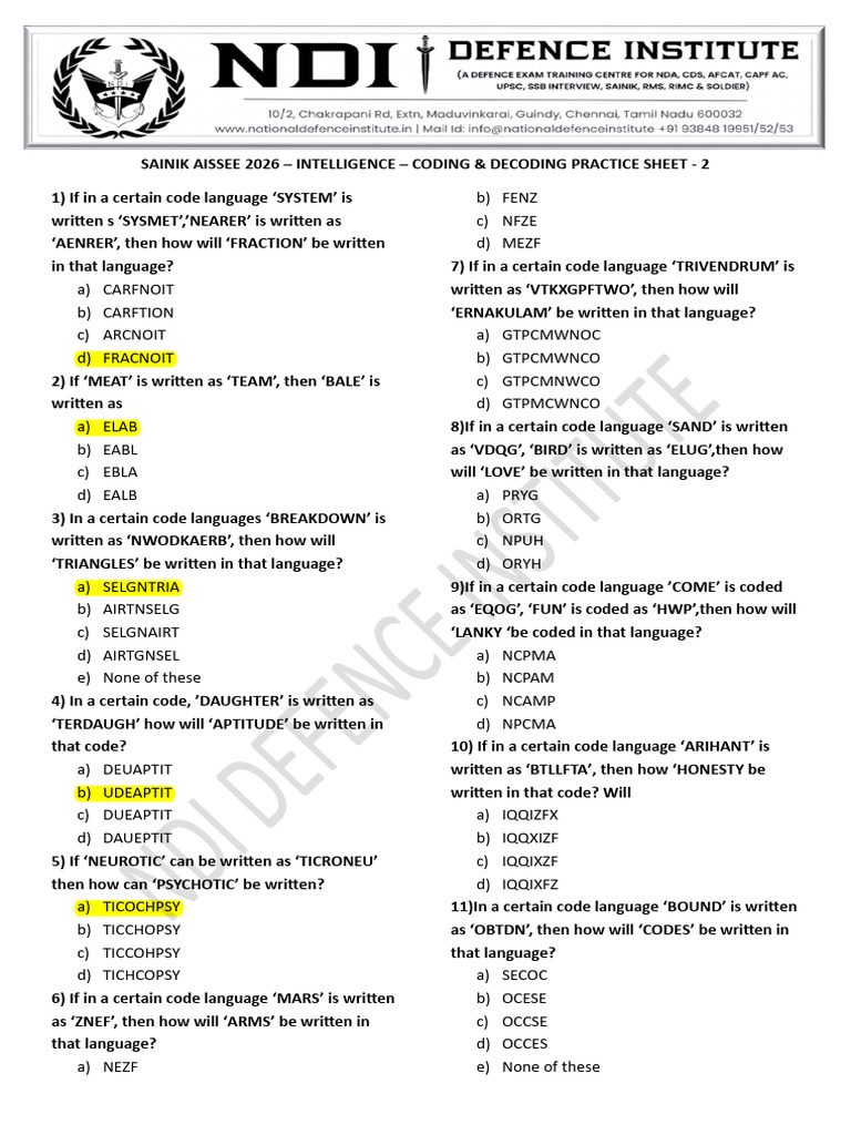 AISSEE 2026 Coding Decoding Practice Sheet | PDF | Linguistics | Semiotics