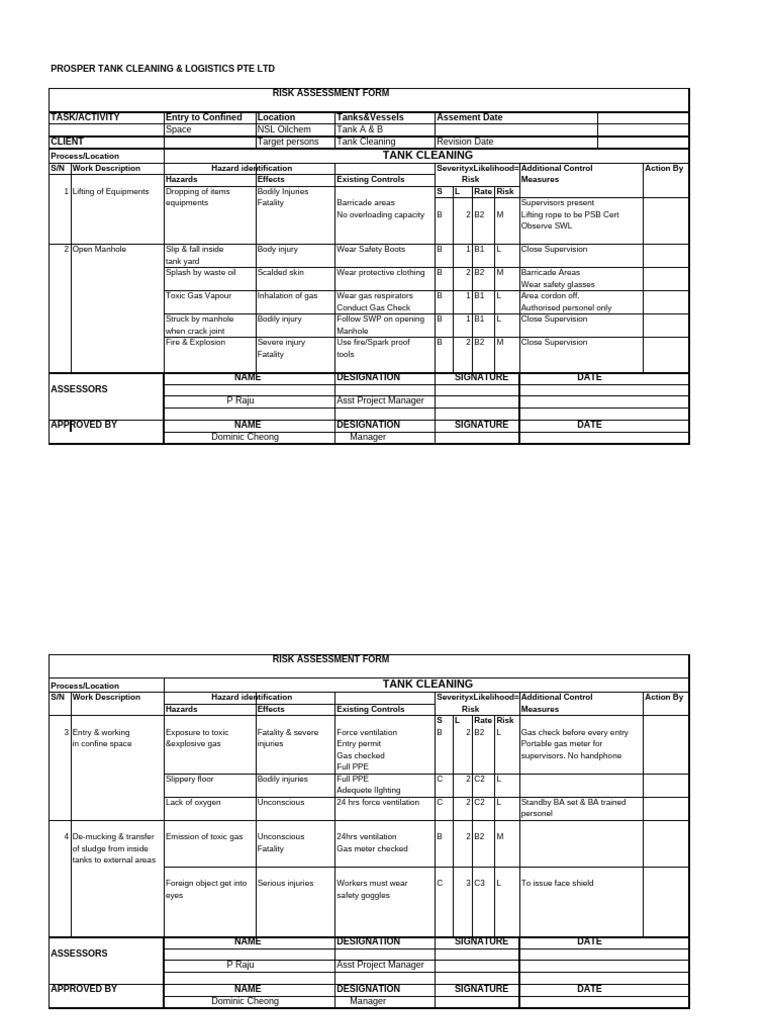 Tank Cleaning Risk Assessment Form | PDF | Personal Protective ...