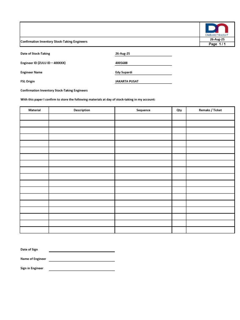 Engineer Inventory Stock-Taking Confirmation | PDF