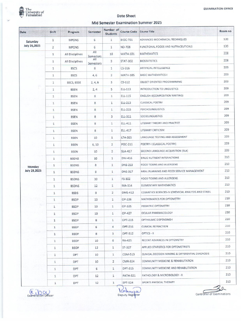 Date Sheet Mid Examination Summer 2025 | PDF