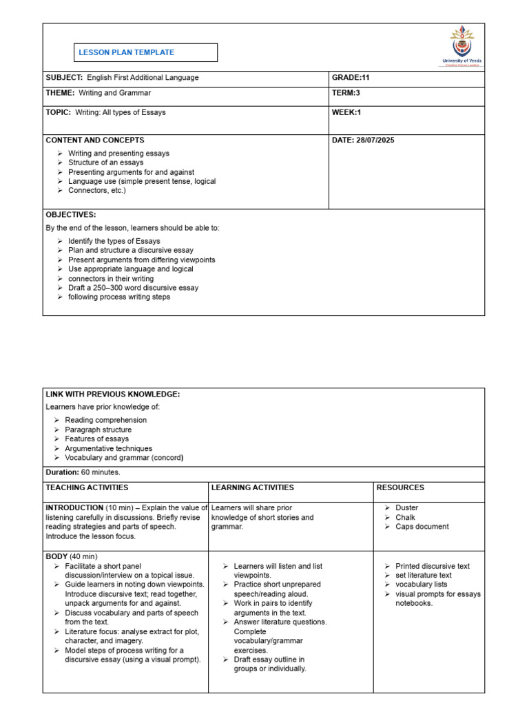 Grade 11 Essay Writing Lesson Plan | PDF | Essays | Pedagogy