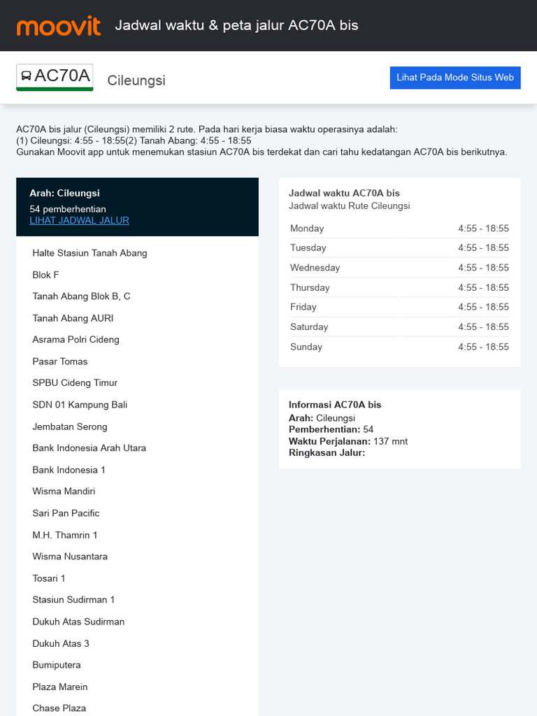Jadwal dan Rute Bus AC70A Cileungsi | PDF