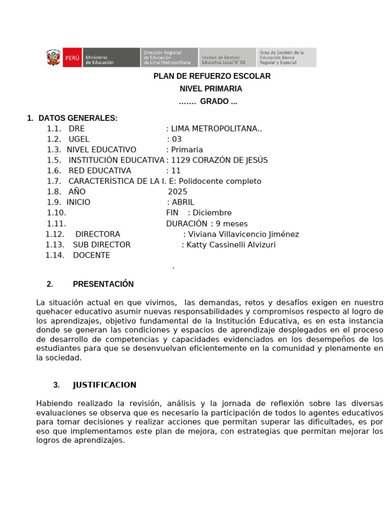 Plan de Refuerzo Escolar Primaria 2025 | PDF | Evaluación | Educación ...