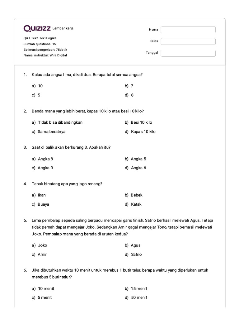 TekaTeki Logika untuk Quizizz PDF
