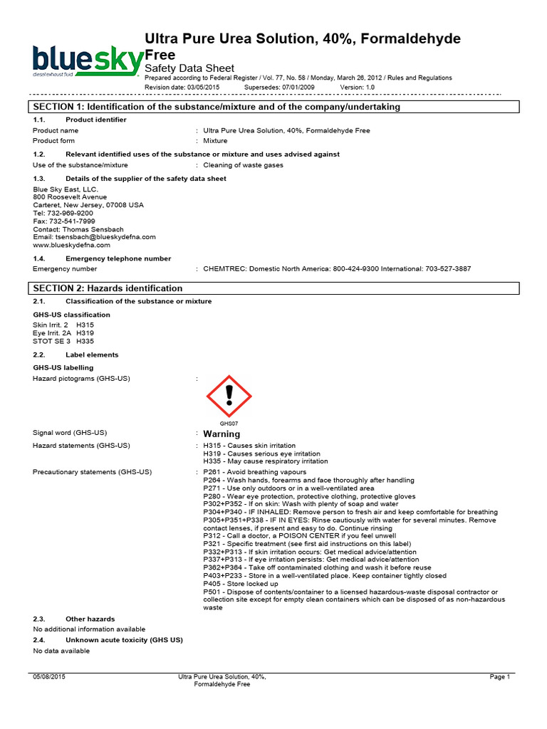 Ultra Pure Urea Solution SDS 40% | PDF | Personal Protective Equipment ...