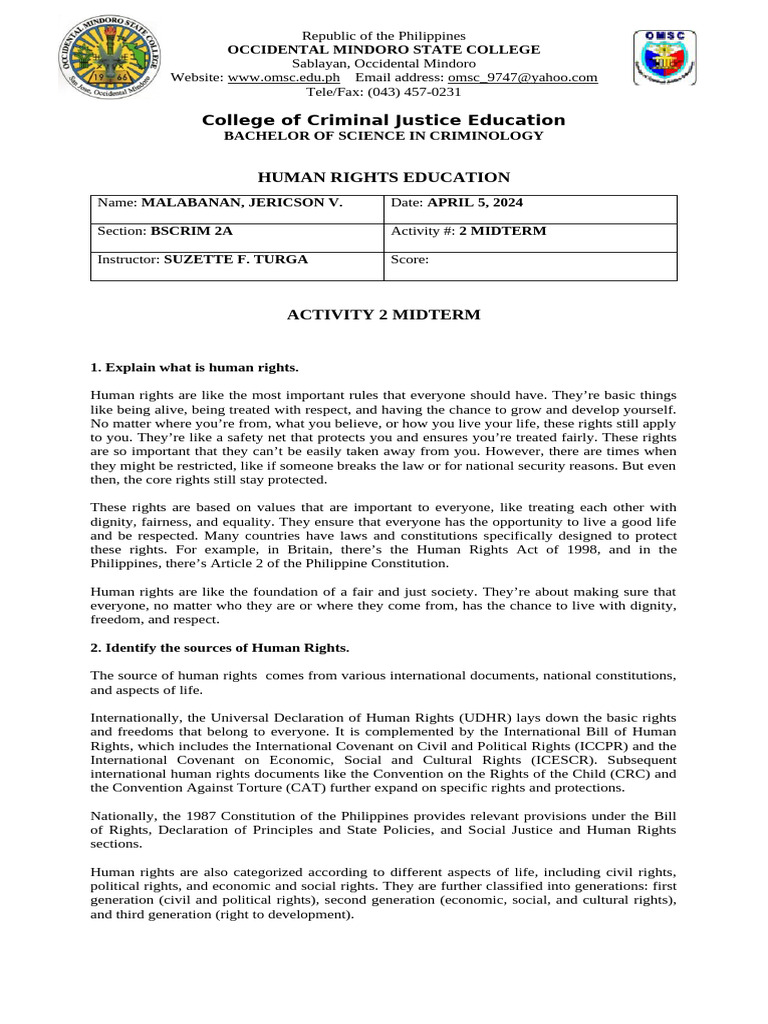 Human Rights Malabanan Activity 2 | PDF | Human Rights | Justice
