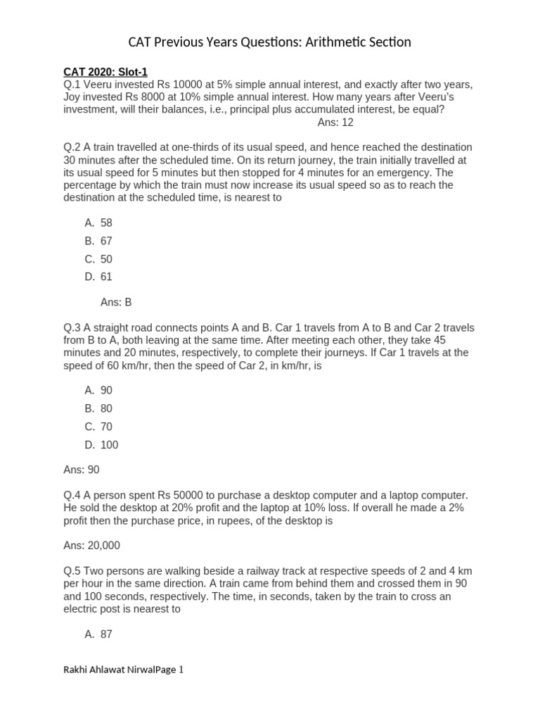 CAT 2020 Arithmetic Questions Review | PDF | Interest | Average