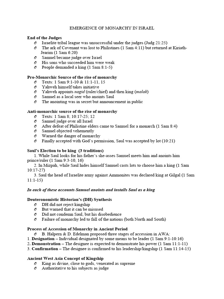 Emergence of Monarchy in Israel - Handout | PDF | Samuel | Saul